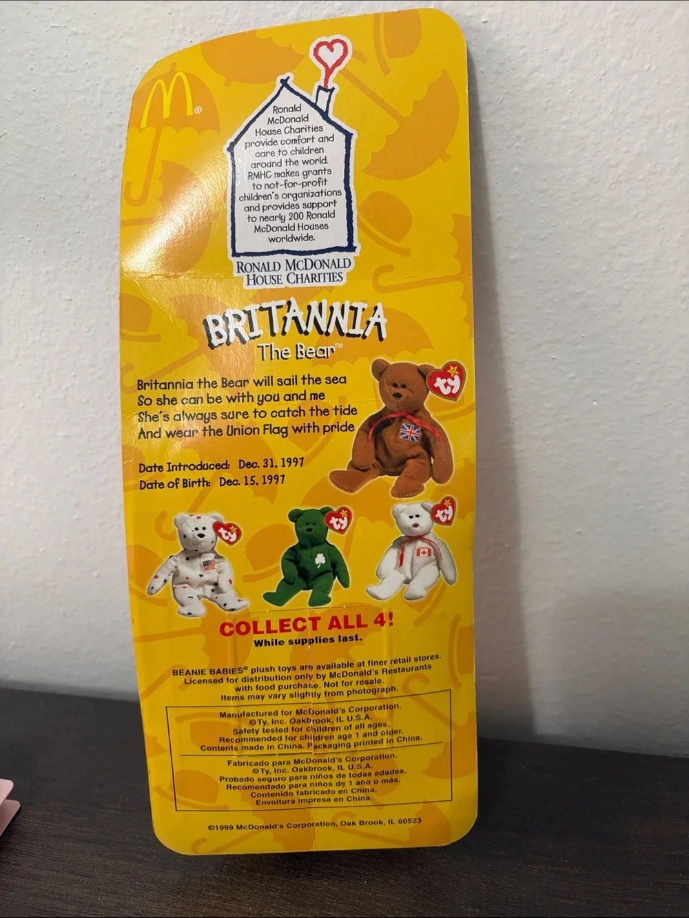 Vintage 1999 McDonald's Ty‎ Britannia the Bear Plush in package SEALED